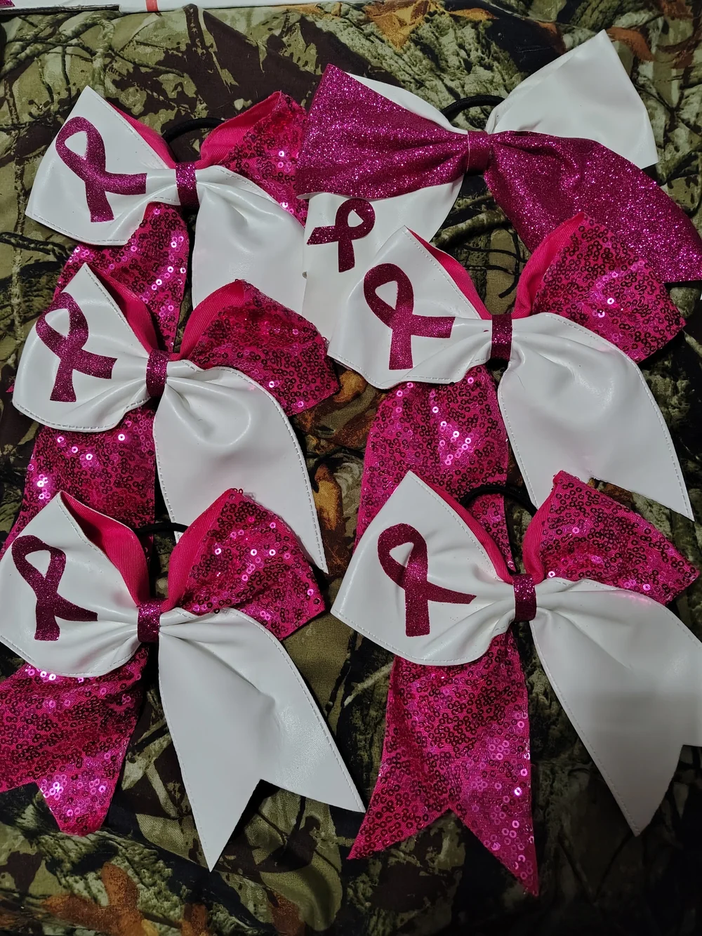 Pink Sequin Ribbon Awareness Hair Bows - White & Pink
